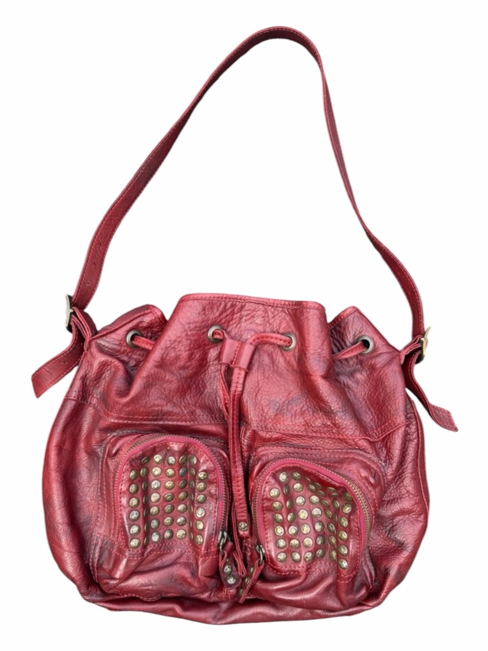 Frye Red Leather Drawstring Shoulder Bag with Studded Front Pockets
